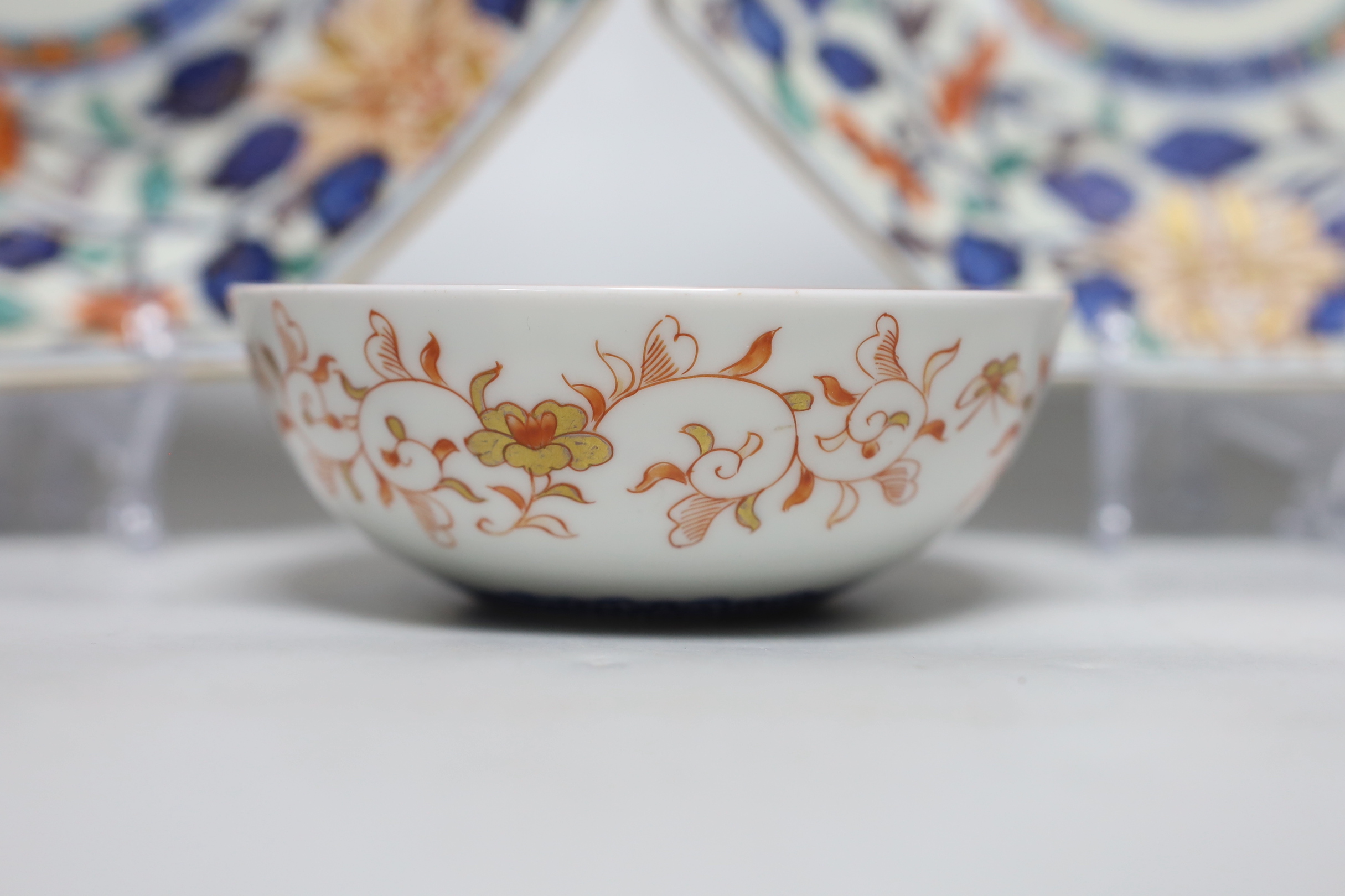 A Japanese Fukagawa bowl, and a pair of Imari octagonal dishes, largest 24cm diameter